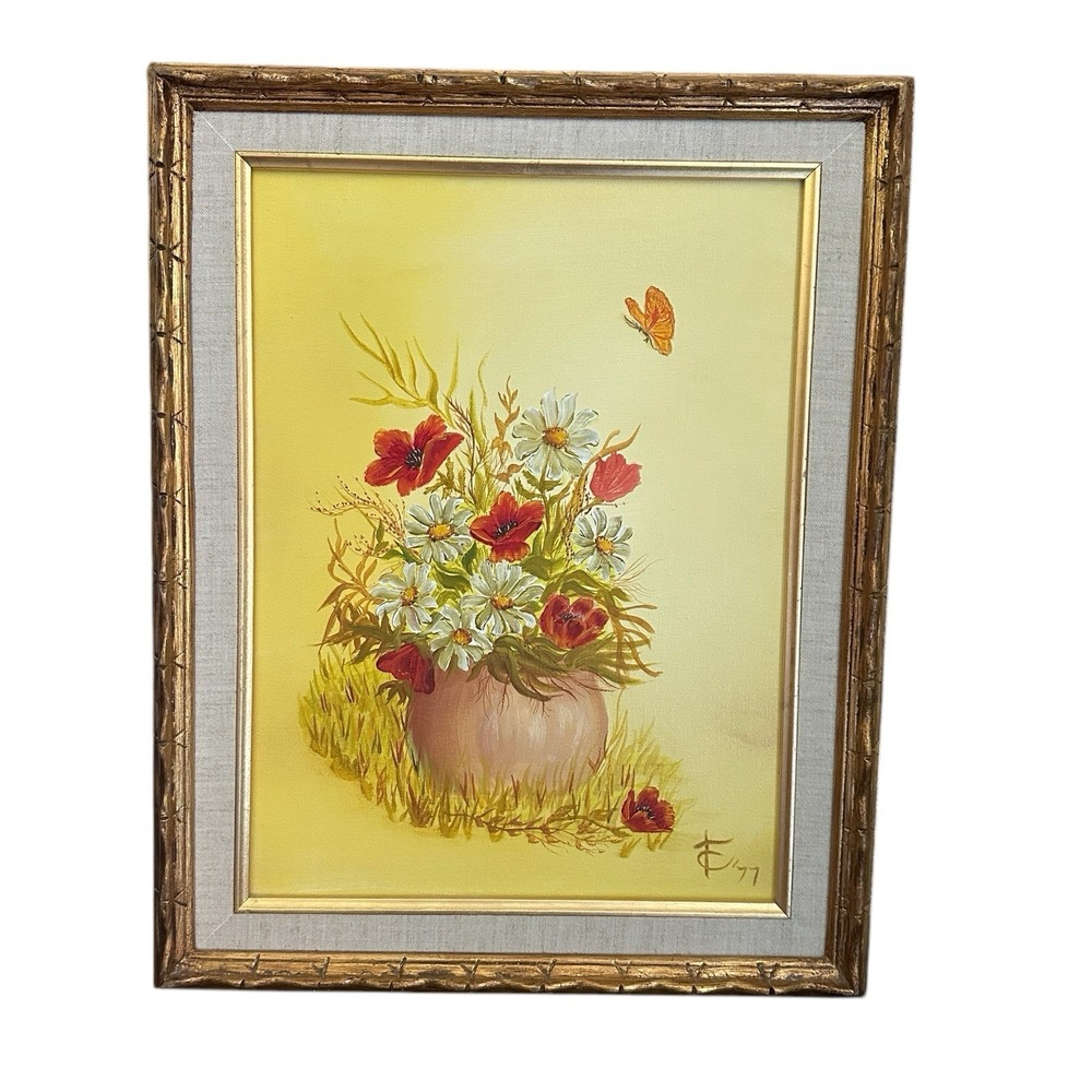 VTG 1977 Oil Painting 15x19 Inch Canvas Still Life Red White Flowers Vase Signed